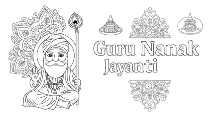 Guru nanak jayanti celebration with a line art illustration of guru nanak dev ji holding a kirpan and surrounded by decorative elements and text isolated on transparent background
