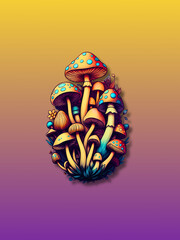 Stylized Mushroom Cluster with Colorful Caps on Vibrant Gradient Background

