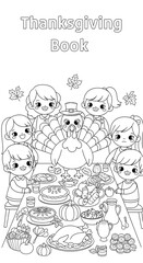 Cute cartoon children and a turkey gathered around a table laden with thanksgiving food and decorations isolated on transparent background