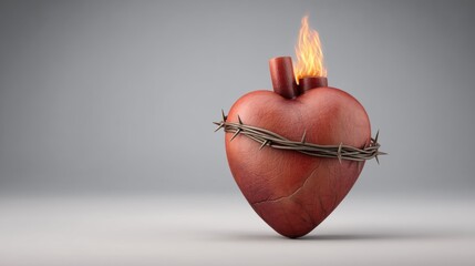 Human heart with flames and barbed wire on neutral background