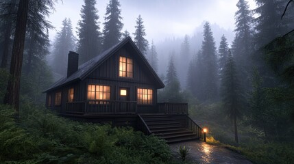A cozy cabin nestled in a misty forest, illuminated by warm lights, creates a serene atmosphere perfect for showcasing tranquility and nature, Ideal for themes of retreat, solitude, and inspiration,