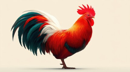 Vibrant Red Rooster Profile with colorful feathers on light background