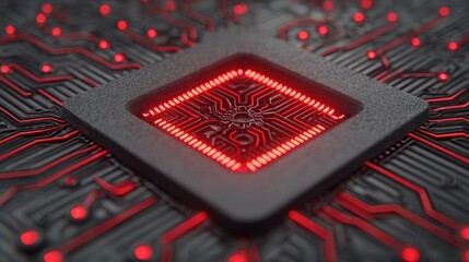 Close-up of a glowing red computer chip on circuit board