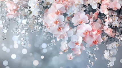Elegant cascading orchids with delicate petals flowing gracefully, set in a soft, dreamy atmosphere. Gentle pastel tones with diffused lighting
