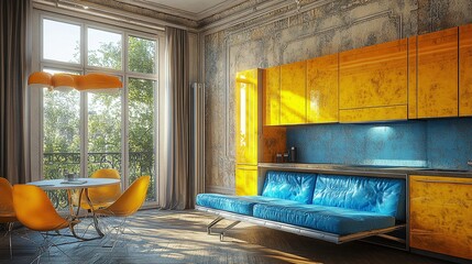 Sunlit Modern Apartment Interior With Yellow Kitchen And Blue Convertible Sofa
