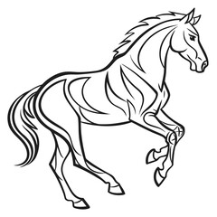 Stylized black and white horse rearing up with intricate line work and bold outlines illustration art