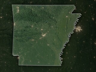 Detailed night map of Arkansas with clear state borders and glowing city lights. Contains modified Copernicus Sentinel data 2025.
