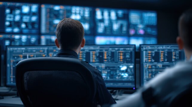 A person monitors multiple digital screens displaying complex data and analytics in a futuristic control room setting.