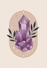 Purple crystal illustration featuring two large quartz formations surrounded by delicate leaves and sparkling stars, creating a mystical and enchanting atmosphere for design purposes