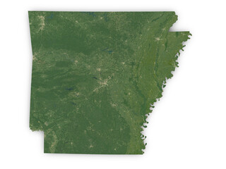 Realistic map of Arkansas isolated on transparent background. Contains modified Copernicus Sentinel data 2025.