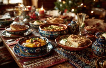 Christmas eve dinner table decorated with traditional romanian food and candles