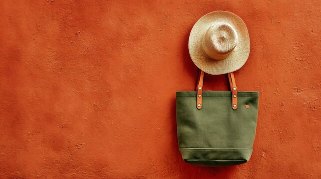 Olive green tote with beige straw hat on terracotta wall