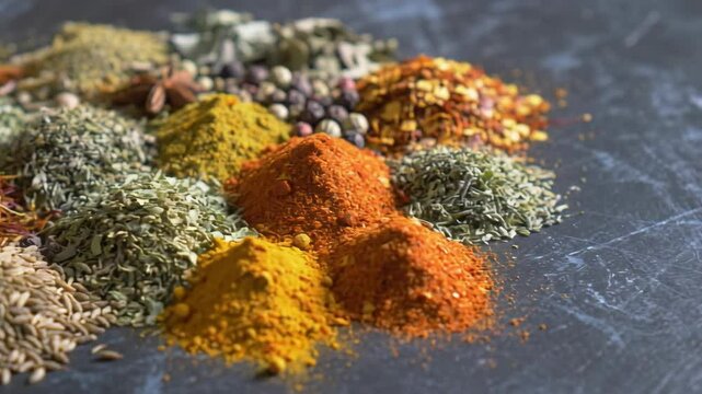Assorted colorful spices arranged on a dark textured surface.