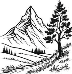 Mountain Road Scene with Trees, Black and White Silhouette