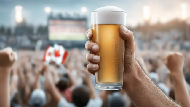 Hand holds a glass of foamy beer against the background of a brightly lit concert stage and dancing people. Atmosphere is festive and live music, the focus is on the drink. There is free space.