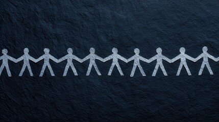 Chalk-drawn paper doll chain holding hands on a dark textured background symbolizing unity and teamwork.