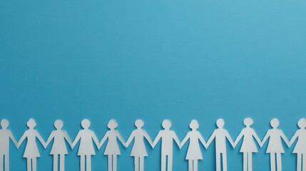 Paper cutout figures of people holding hands in a row on a blue background, symbolizing unity, teamwork, and community.