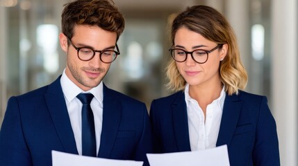 Two professionally dressed young colleagues in glasses review documents together in a modern office setting.