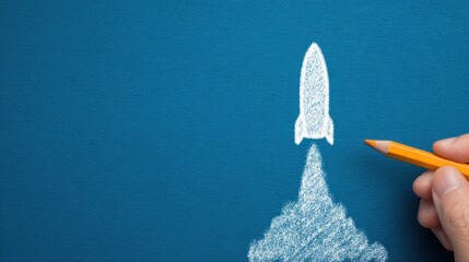 A hand draws a white chalk rocket launching upward on a blue background, symbolizing creativity, innovation, and new beginnings.