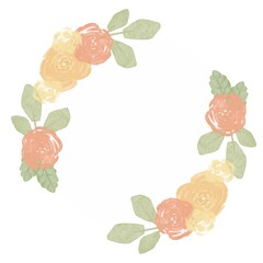 Watercolor Floral Wreath with Pastel Roses and Green Leaves on white Background
