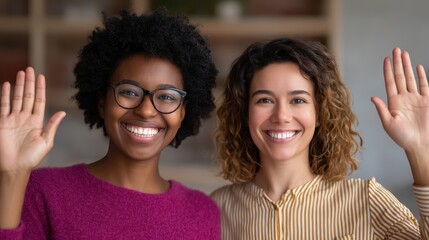 Two diverse women smiling and waving at the camera in a friendly, welcoming gesture indoors.
