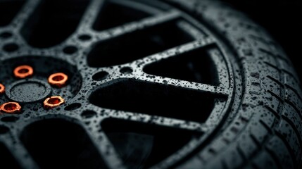 Close-up of a water-covered alloy wheel and tire, showcasing fine details and texture in a low-light setting.