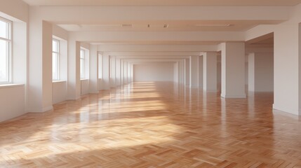 Spacious empty room with wooden parquet flooring and multiple windows letting in natural light, creating a bright and open atmosphere.