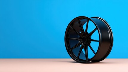 A sleek black car wheel rim with a multi-spoke design stands upright on a beige surface against a bright blue background.