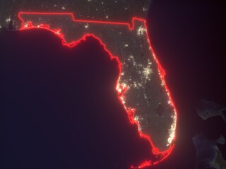 Night map of Florida with red state borders and glowing bright city lights. Contains modified Copernicus Sentinel data 2025.
