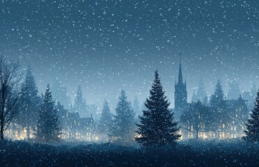 Naklejka premium Snow falling on small town with church and pine trees at twilight