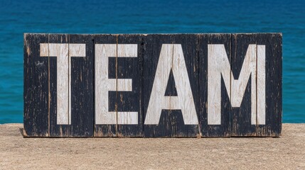 A weathered wooden sign painted black with the word "TEAM" in bold white letters stands on a concrete surface by a calm blue body of water.