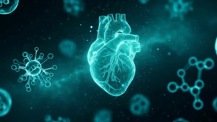Transparent heart rotating with microscopic particles and molecules in a dark blue scientific environment, medical footage - Powered by Adobe
