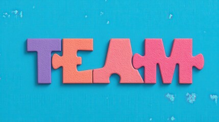 Colorful puzzle pieces spell out the word "TEAM" on a textured blue background, symbolizing collaboration and unity.