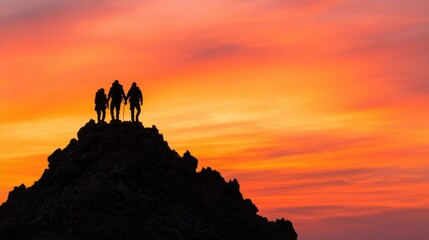 Silhouettes of three hikers stand triumphantly atop a rocky peak against a vibrant orange and pink sunset sky.
