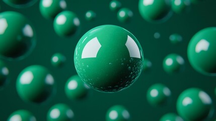 A vibrant backdrop of floating green spheres creates a dynamic visual, ideal for projects related to technology, science, or abstract art themes, providing a fresh and modern aesthetic,