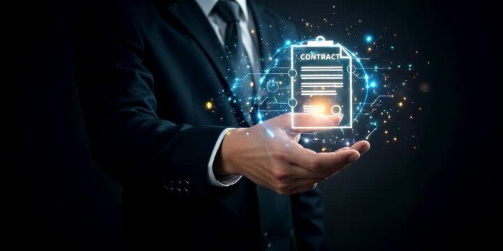 Businessman holding digital contract icon, representing touchless procurement workflow, paperless invoice approval, B2B management, and secure document verification in ERP systems.