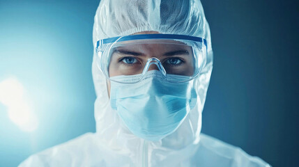 A healthcare worker in full PPE, wearing a white protective suit and face shield, looking directly at the camera.