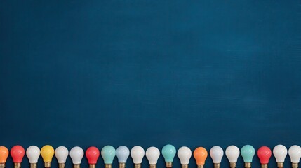 Colorful light bulbs arranged in a row at the bottom of a blue textured background.