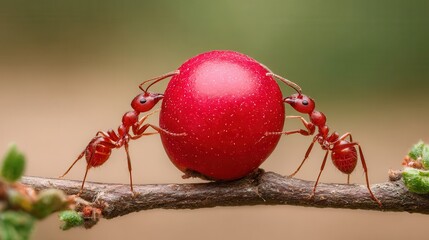 Two red ants collaborate to carry a large red berry across a thin branch in a natural setting.