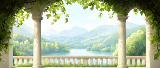 Fototapeta premium A serene view of a lush landscape is framed by elegant stone columns and greenery, This image is ideal for promoting relaxation, travel, or nature-related themes, It evokes tranquility and beauty,