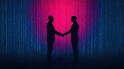 Two silhouetted figures shake hands against a vibrant background of pink and blue digital rain.