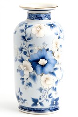 A beautifully crafted vase featuring intricate floral designs in blue and white, Ideal for home decor, embellishing interiors, or showcasing artistic craftsmanship in photography and design projects,