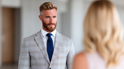 A confident man in a checked suit and tie looks thoughtfully at a woman with blonde hair, suggesting a professional or personal conversation.