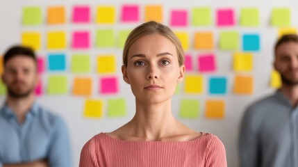 A focused woman stands confidently in front of a wall covered with colorful sticky notes, with two blurred men in the background.
