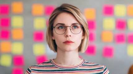 A focused young woman with glasses contemplates thoughtfully against a colorful background of sticky notes.