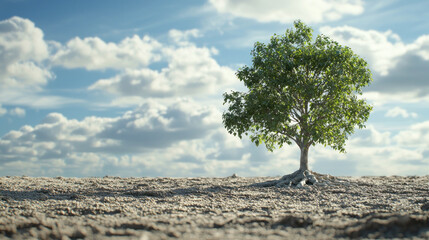 A lone tree stands in a barren landscape, with a blue sky and fluffy white clouds as the backdrop.