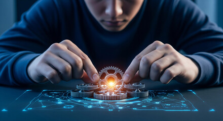 Photo of a mans hands meticulously connect glowing gears on a digital blueprint, symbolizing precision engineering and technological innovation