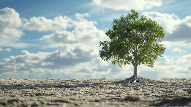 A lone tree stands in a barren landscape, with a blue sky and fluffy white clouds as the backdrop.