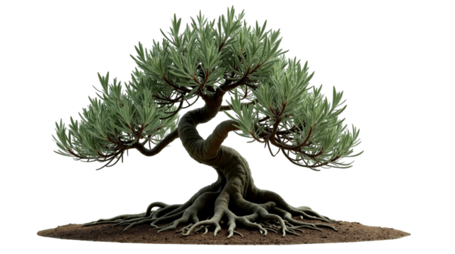 Old olive bonsai with twisted trunk and sparse leaves in a serene Indoor setting