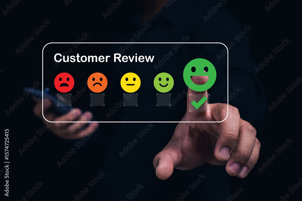 Poster a person selects a happy face on a digital customer review scale, indicating positive feedback on a 